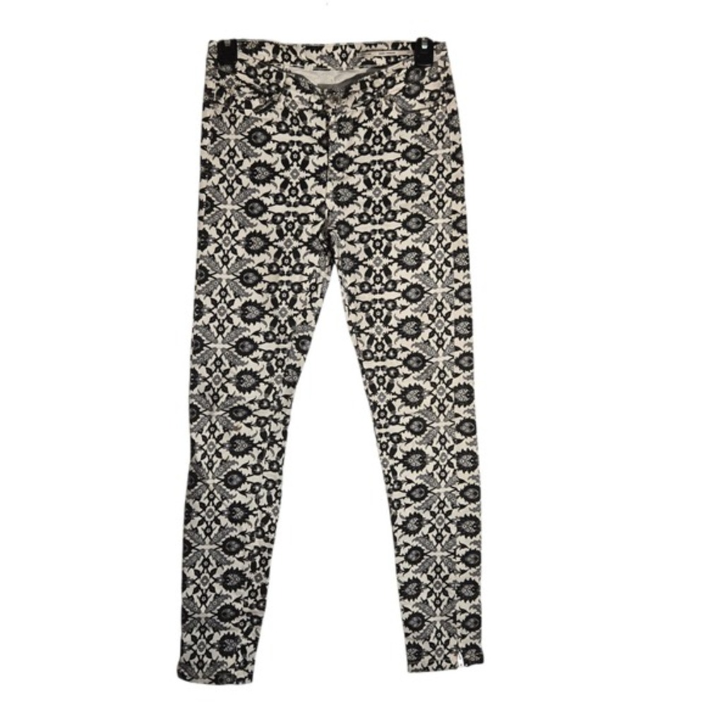 Zara Woman Damask Floral Slim Fit Pants Black White Medium Rise Ankle Zip US 2